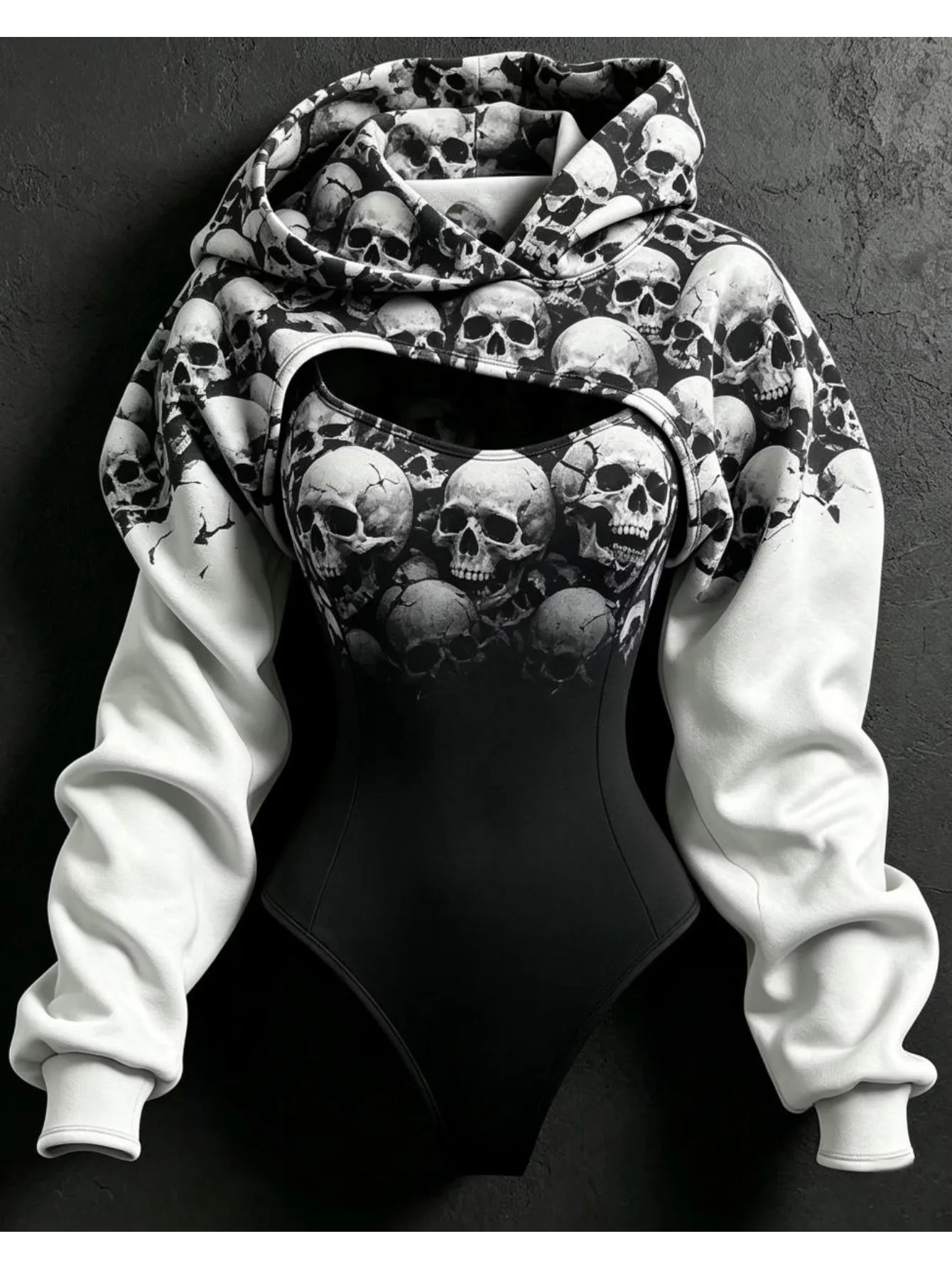 2026 New Women Hooded Skull Gradient Print Long Sleeve Two Piece Bodysuit Cutouts Party Wear Autumn Winter Fashion Women's Top