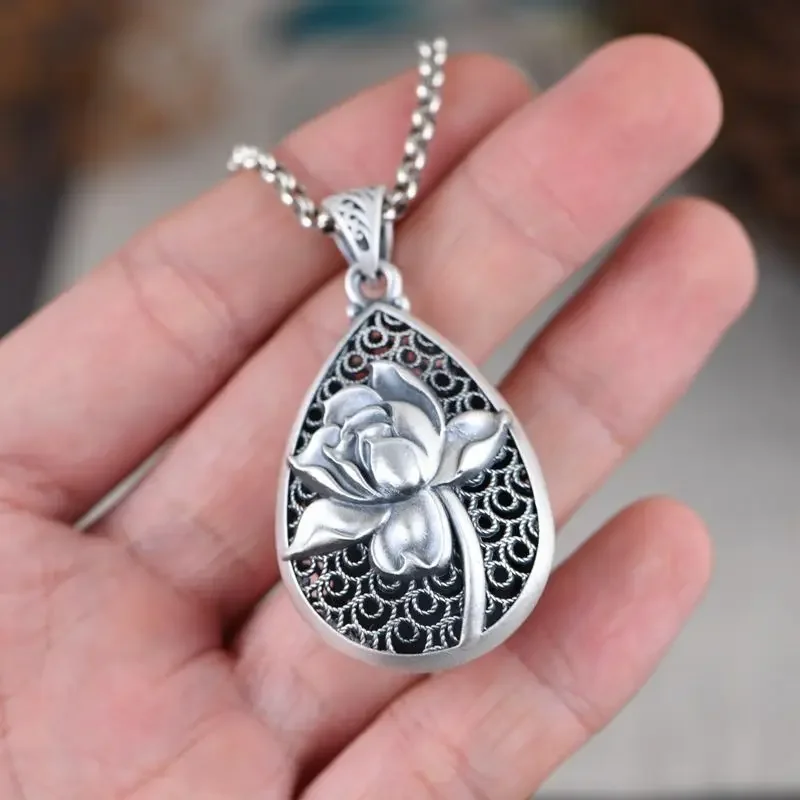 قلادة فضة قديمة مع زهرة لوتس محفورة ، قلادة متدلية ، سلسلة عارضة ، مجوهرات ساحرة ، طراز وطني ، كلاسيكي ، جديد
