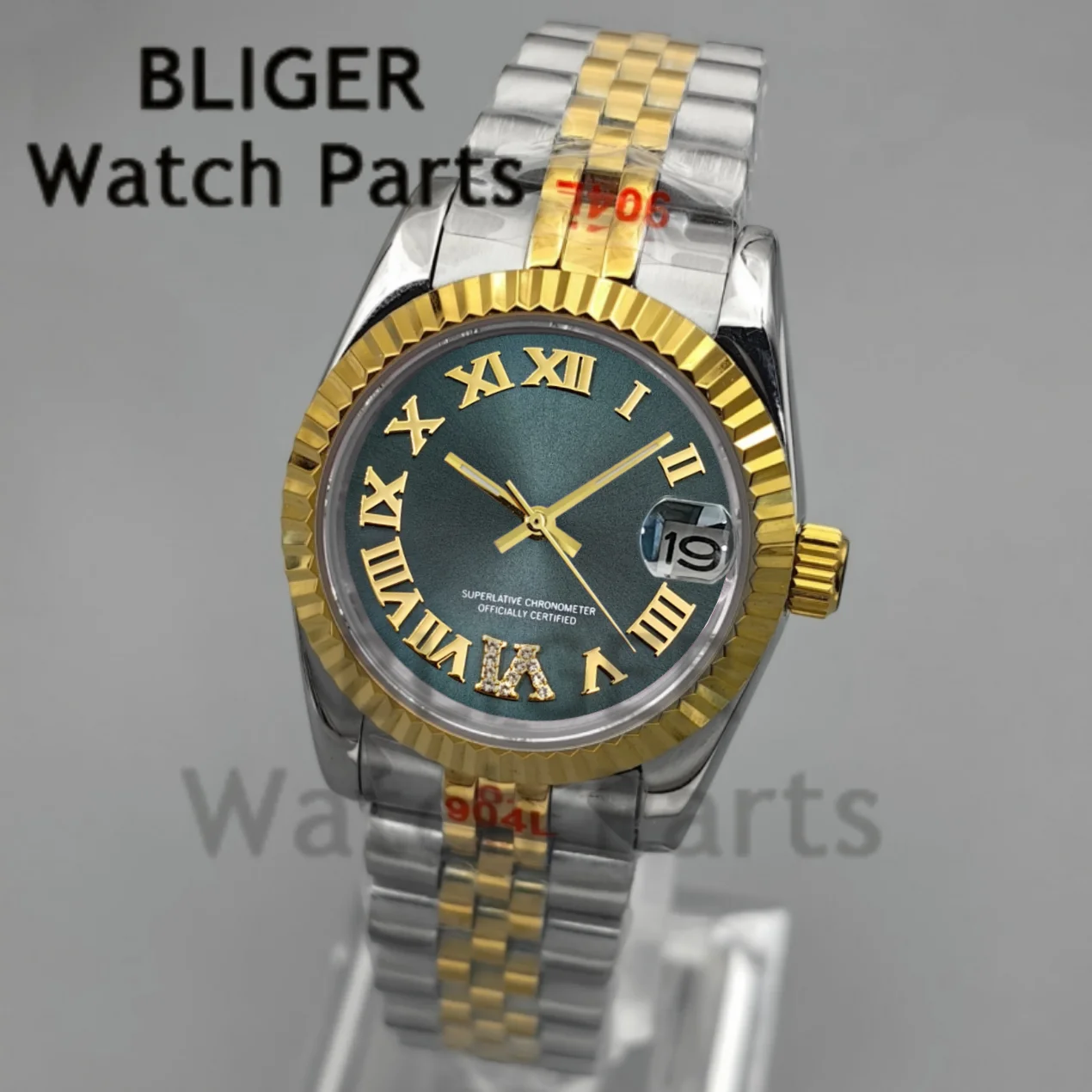 BLIGER 31MM Gold Lady's Roman Number Diamond NH15 Automatic Watch Brown Dial Flute Bezel Sapphire Glass Waterproof Steel Bracele