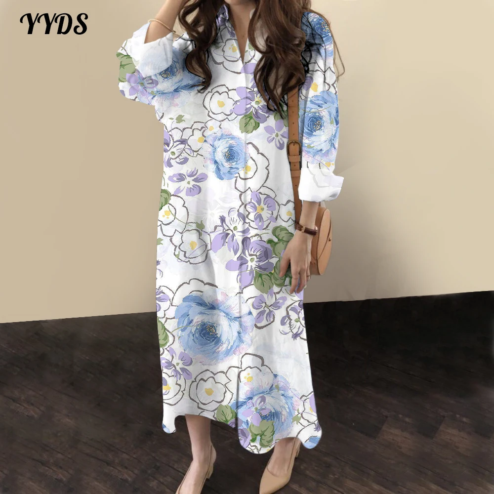 

Elegant Design Floral Print Long Sleeve Shirt Dresses For Women Casual V-neck Mid-Length Dress Single Breasted Lapel Robe Female