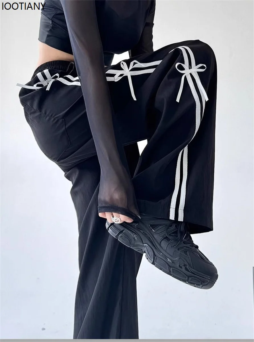 Retro Side Stripe Bowknot Wide Leg Pant Women's High Waist Thin Casual Sports Pants Harajuku Overalls Street Hip Hop Jogging Pan