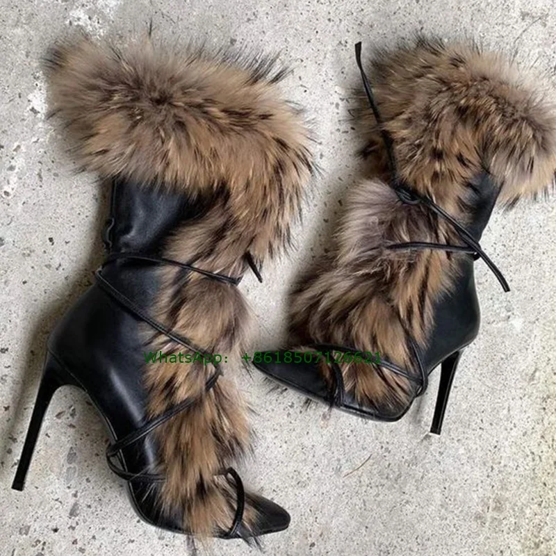 Black Pointed-Toe Furry Calf Boots Cross Strap Slip-On Warm Boots Stiletto Women's Shoes