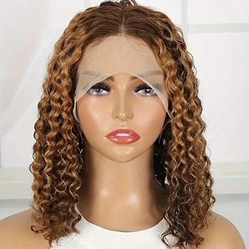 Krótkie kręcone ludzkie włosy peruki z bobem podkreślają Ombre Water Wave miodowa blond w kolorze 13x4 peruka z przodu przezroczysta koronkowa peruka Bob
