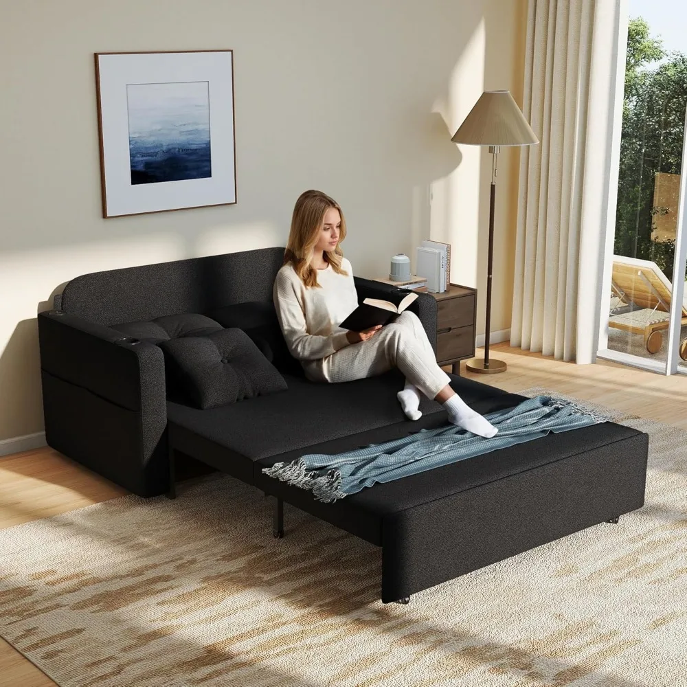 Convertible Couch Bed with Cup Holders and USB Port, 56 Inch Loveseat Sleeper Sofa for Living Room and Bedroom Use