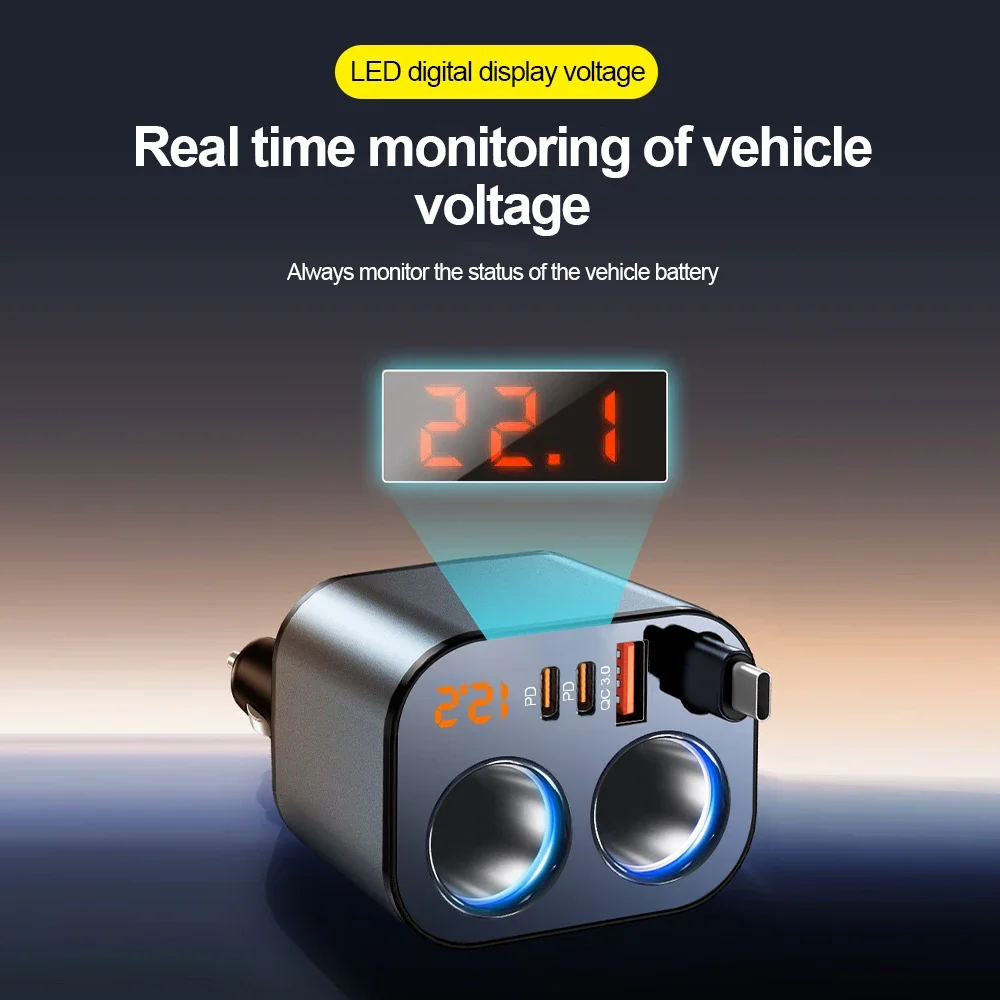 100W Car Charger Super Fast Retractable Car Phone Charger PD30W QC3.0 Fast Charging with Retractable Cables Voltage Detectiction