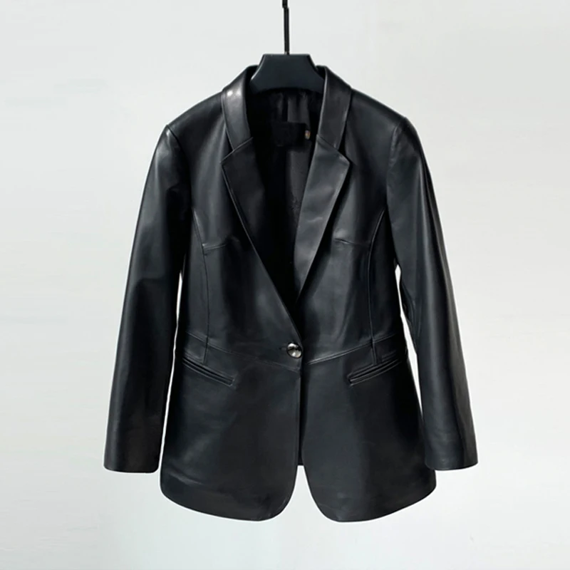 Retro น้ํามันขี้ผึ้งหนังผู้หญิงหนังแกะจริงเสื้อแจ็คเก็ต Blazer 2025 ใหม่แฟชั่นปุ่มสุภาพสตรีคุณภาพสูง Lambskin เสื้อสูท