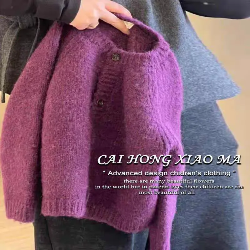 Autumn and winter girls' pullover sweater new high-end purple children's knitted sweater warm top