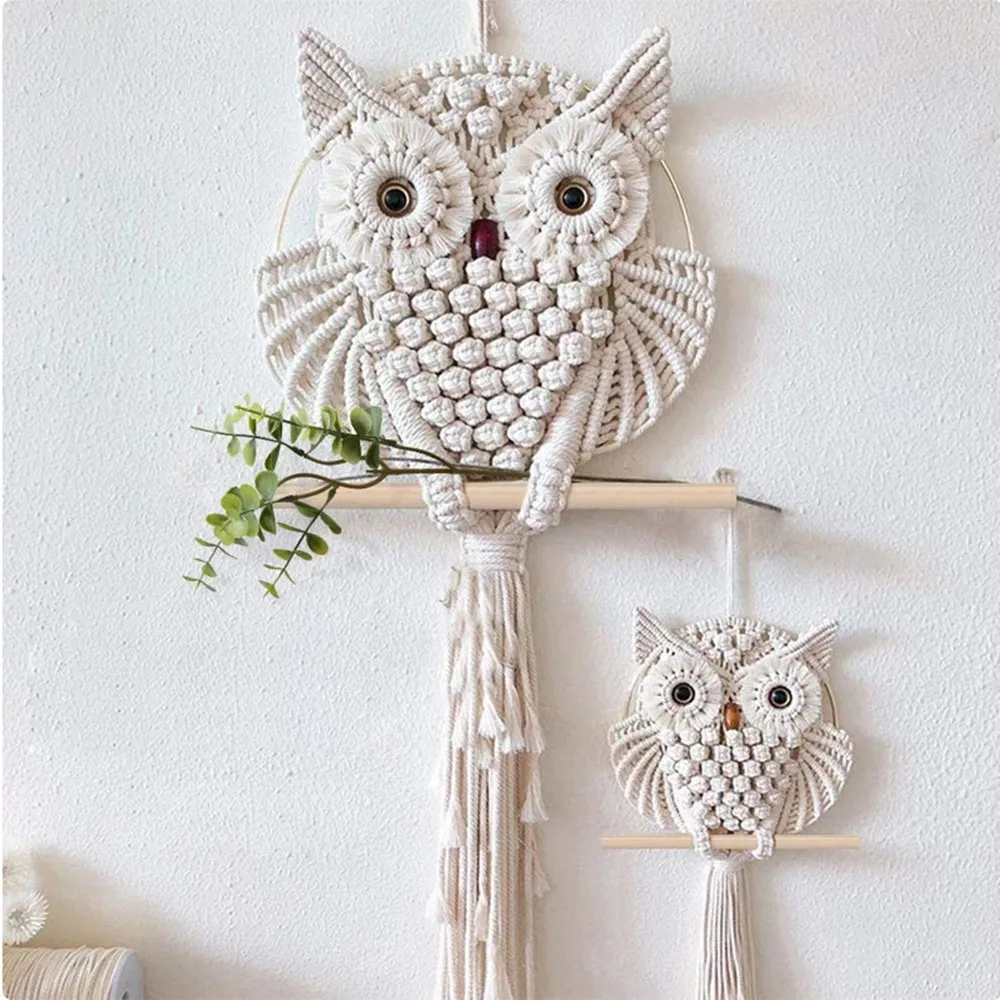White Lifelike Owl Wall Decoration Tapestry, Nordic Bohemian Handmade Cotton Rope Woven Wall Decoration, Holiday Gift.