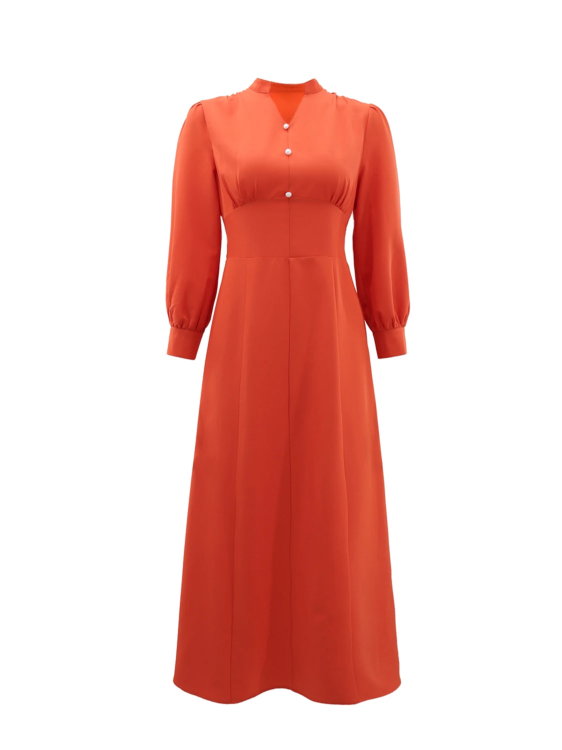 Elegancka sukienka damska w jednolitym kolorze, z długim rękawem, dekoltem w kształcie litery V, dopasowana, o kroju litery A, zapinana na guziki, odpowiednia na wiosnę, lato i jesień.