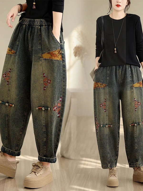 Retro Ethnic Style Embroidered Denim Pants Women's Harlan Pants Autumn Style Loose Fit Natural Waist Thick Denim Cotton Blend