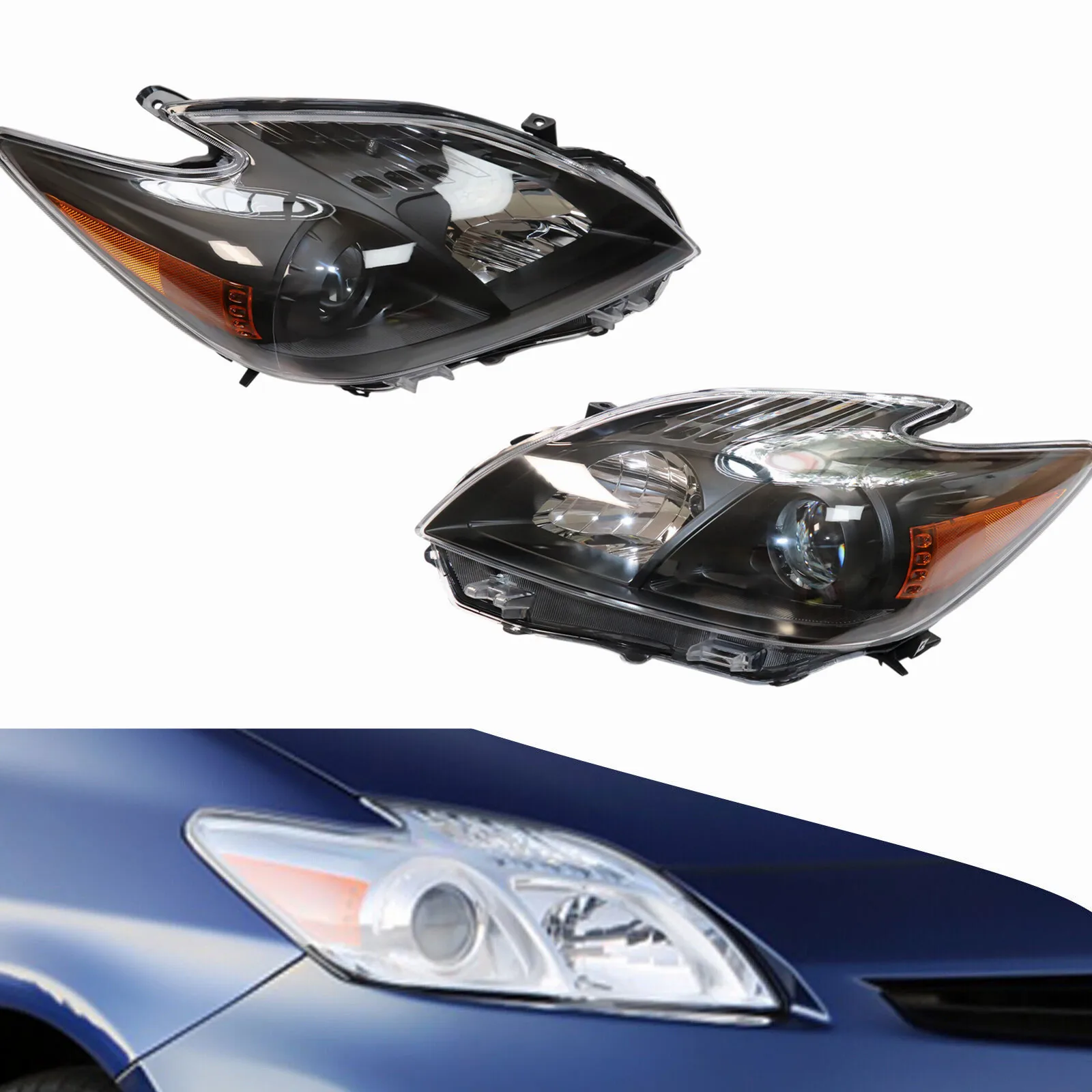 

1 Pair Black Left & Right Side Headlights Halogen Projector Headlamps Assembly Fits 2010-2011 Toyota Prius