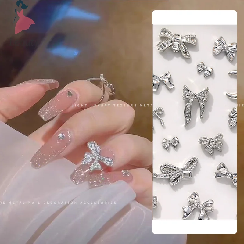 10 Stuks Zilver Legering Nail Art Strik Bedels Accessoires Onderdelen Voor Manicure Versieren Retro Nagels Decoratie Ontwerp Benodigdheden