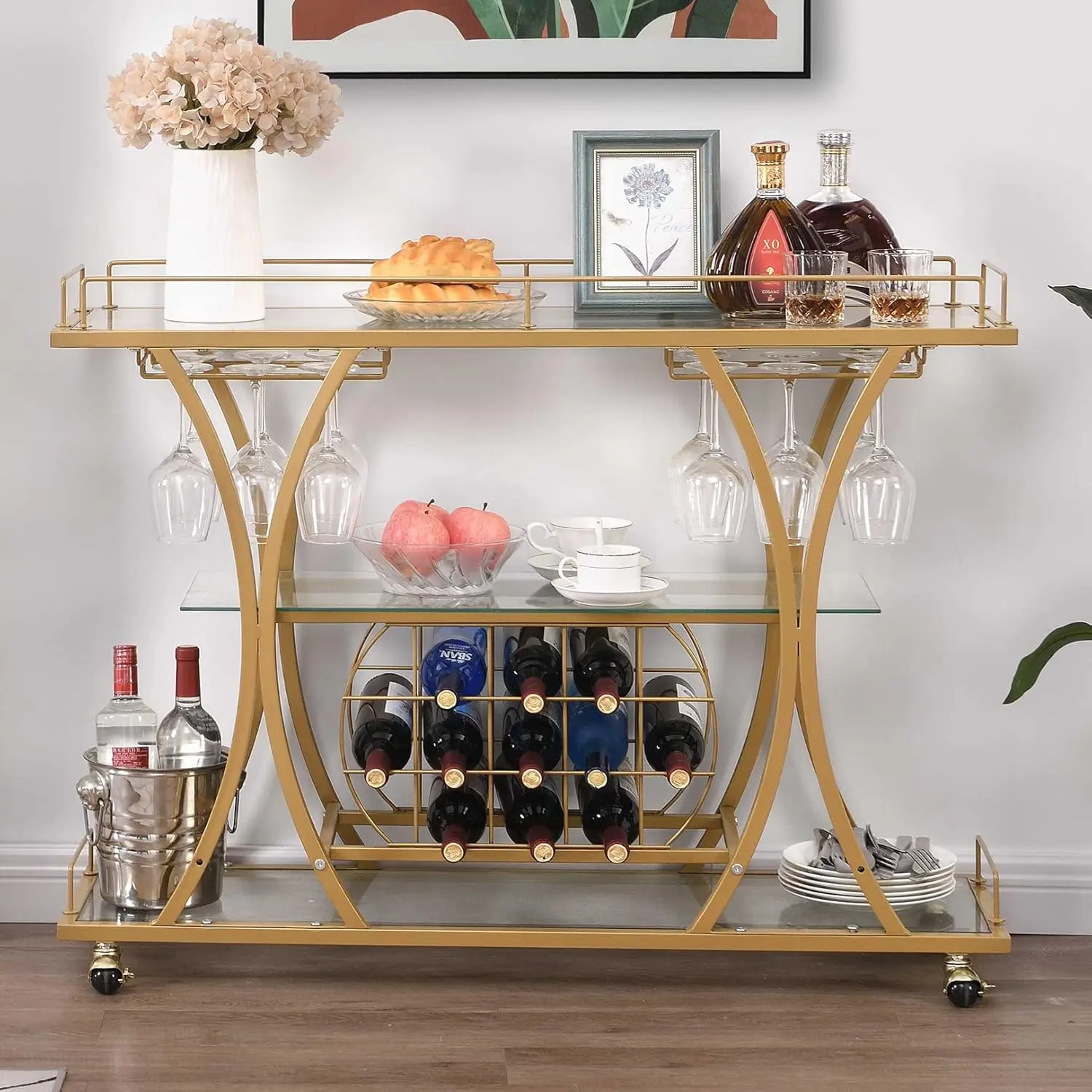 Bar Serving Cart with Glass Holder and Wine Rack  3-Tier Kitchen Trolley Tempered Shelves Gold-Finished Metal Frame  Mobile for