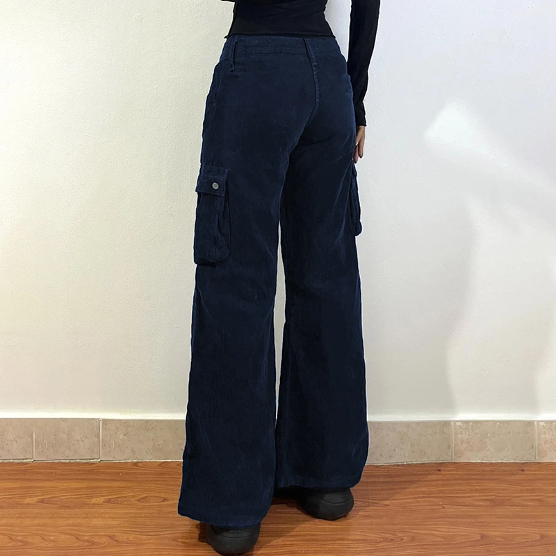 HEYounGIRL Y2K Corduroy Cargo Pants Dark Blue Vintage Stylish 90s Winter Pockets Straight Trousers Harajuku Casual Streetwear