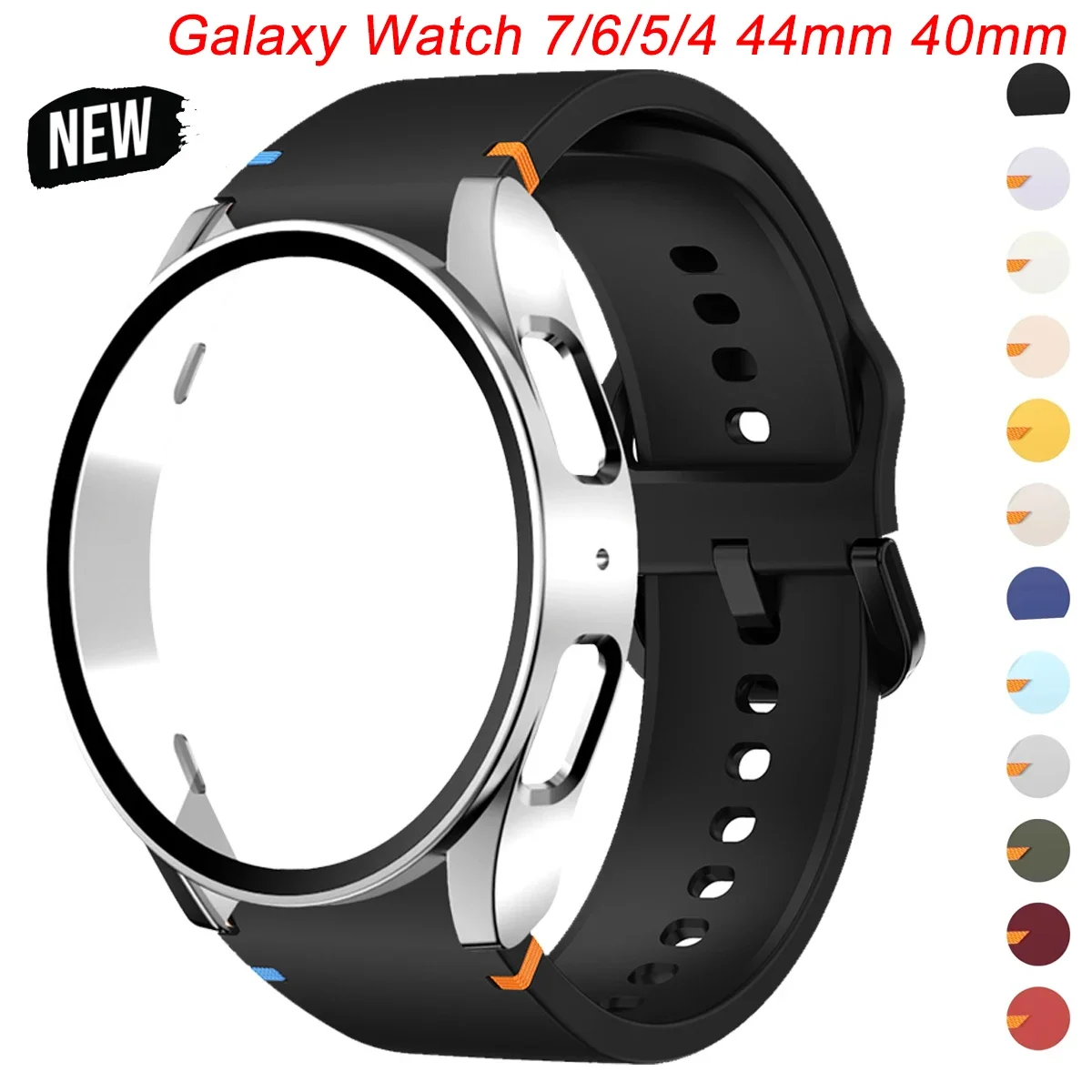 Capa de vidro + alça para samsung galaxy watch 7 6 5 4 44mm 40mm pulseira de silicone capa protetora para pc tela pára-choques acessórios galaxy