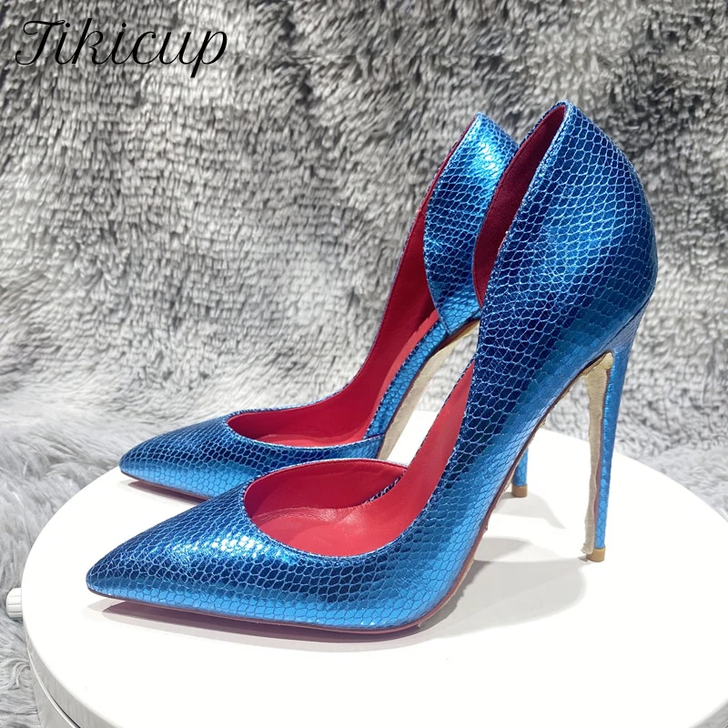 

Tikicup Elegant Shiny Blue Snakeskin Women Pointy Toe Inside Cut High Heels Sexy D'Orsay Slip On Stiletto Pumps Plus Size 33-46