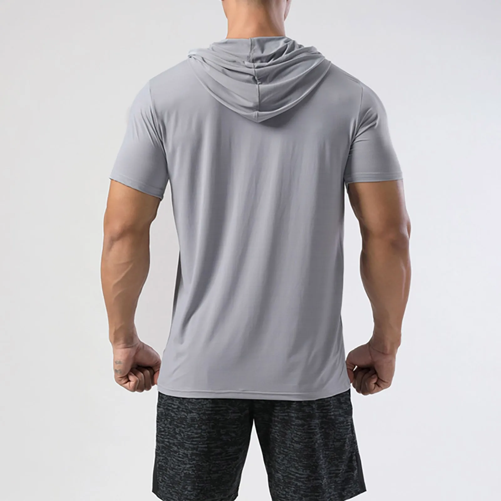 Men Hooded Short Sleeved T Shirt Ice Silk Elastic Fast Drying Casual Fitness Running Training Windproof Outdoor Streetwear