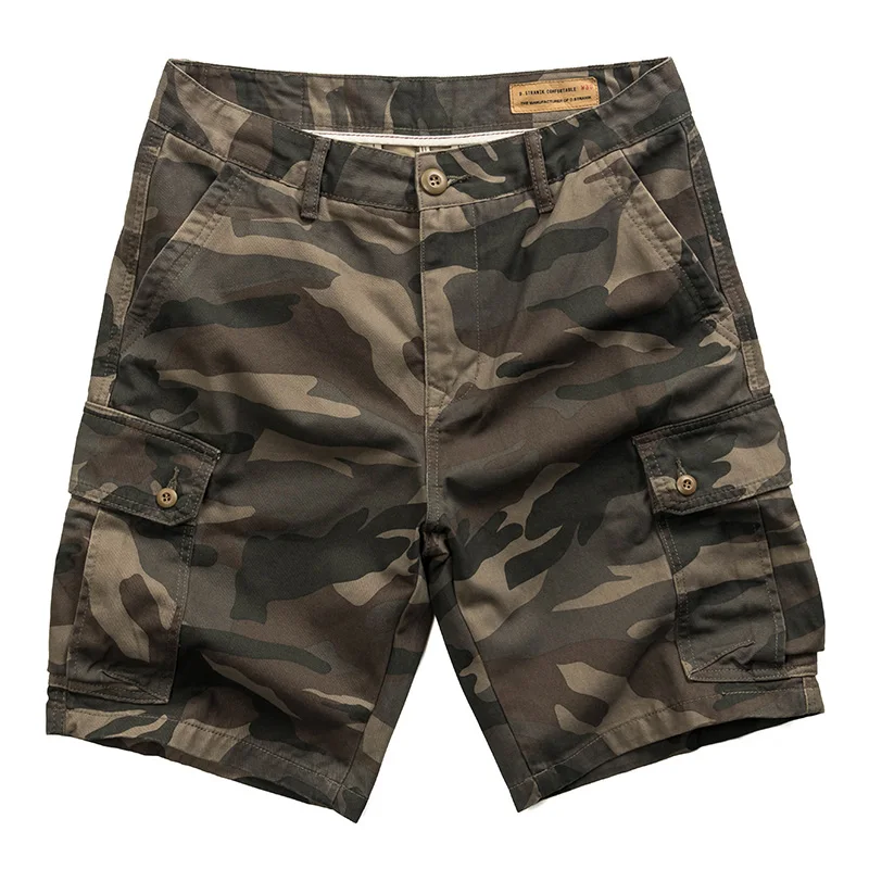 Heavyweight summer 100% cotton camouflage men workwear half pants American loose straight casual pocket washed cargo shorts