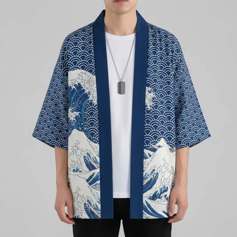 Blue White Japanese Wave Haori Kimono Cardigan Traditional Ocean Wave Pattern Unisex 3/4 Sleeve Open Front Yukata Beach Cover Up