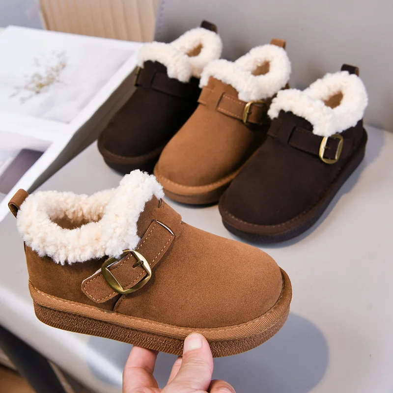 

Girls Plush Lining Leather Boots with Buckle 2025 New Winter Toddler Warm-lined Boots Anti-slippery Simple Outdoor Snow Boots