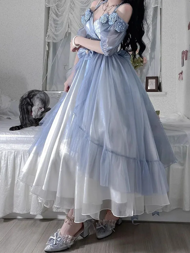 Gradient Blue Three-Dimensional Rose Lolita Dress Strap Flower Wedding Elegant