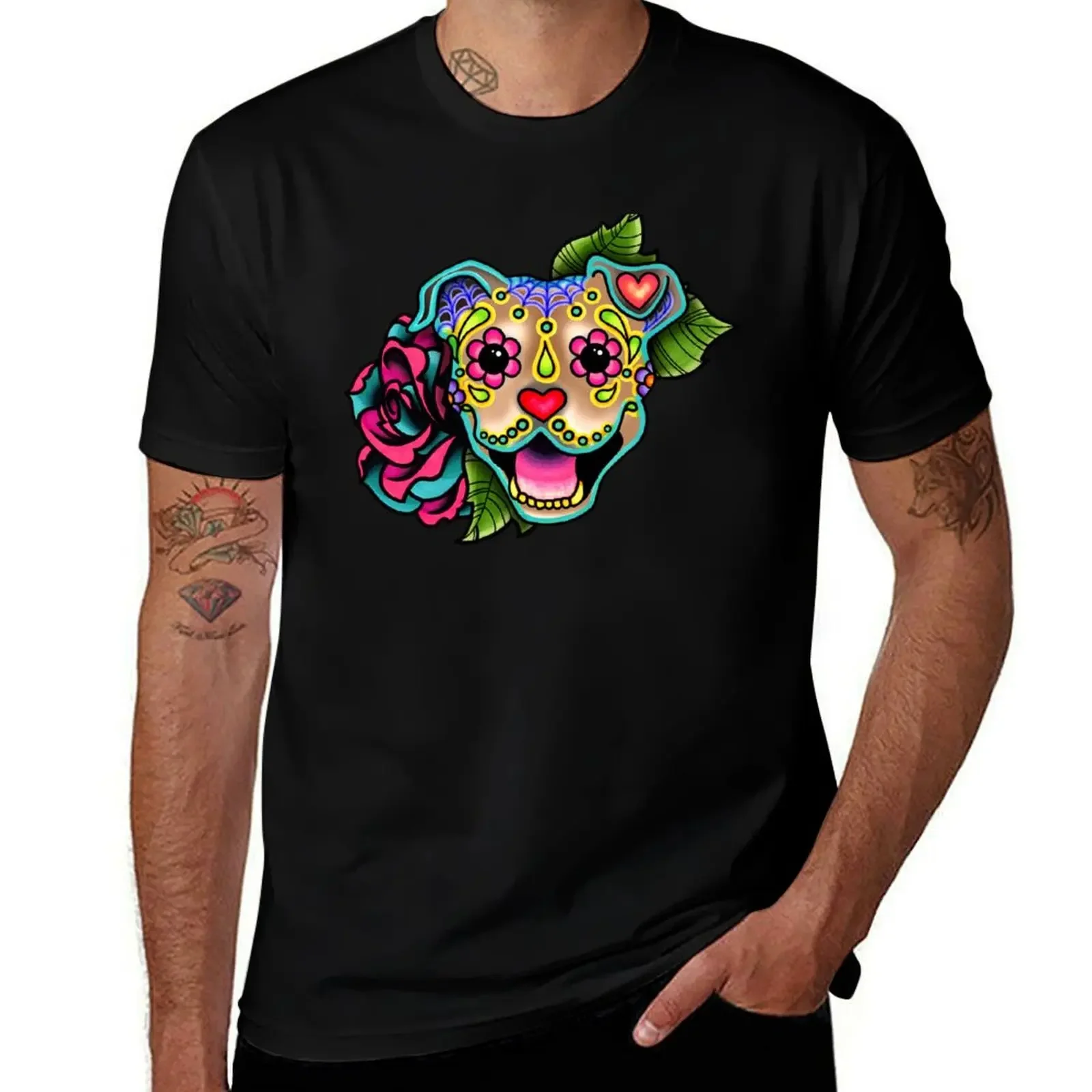 

Smiling Pit Bull in Fawn - Day of the Dead Happy Pitbull - Sugar Skull Dog T-Shirt aesthetic clothes street wear mens t shirt