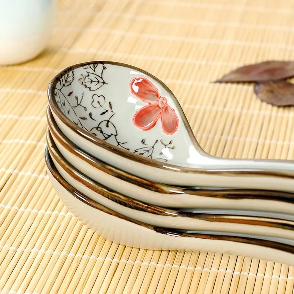 Japanese Style Ceramic Soup Spoons Vintage Hand Painted Floral Pattern Spoons Household Hotel Dinnerware Set Eco Friendly