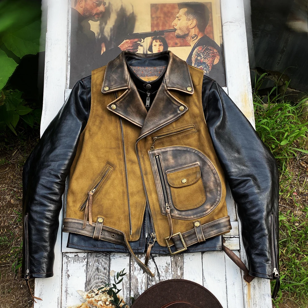 LNY Shop.Brand new Vintage Oil wax canvas splicing Motorcycle Jacket.Cool J24 genuine leather coat.cowhide vest.quality