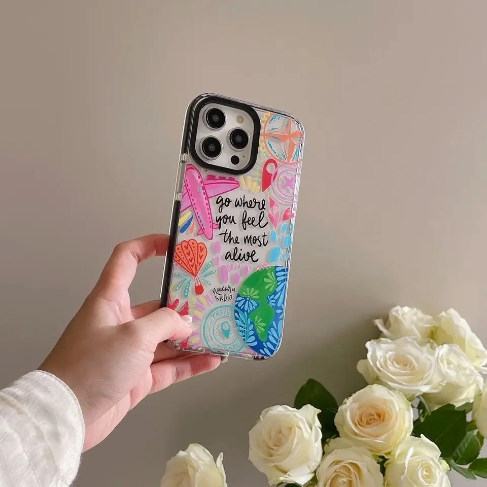 Ins Funny Landscape Plant Architecture Graffiti Series Shockproof Protective Cover Case For iPhone 15 14 13 12 11 Pro Max Plus