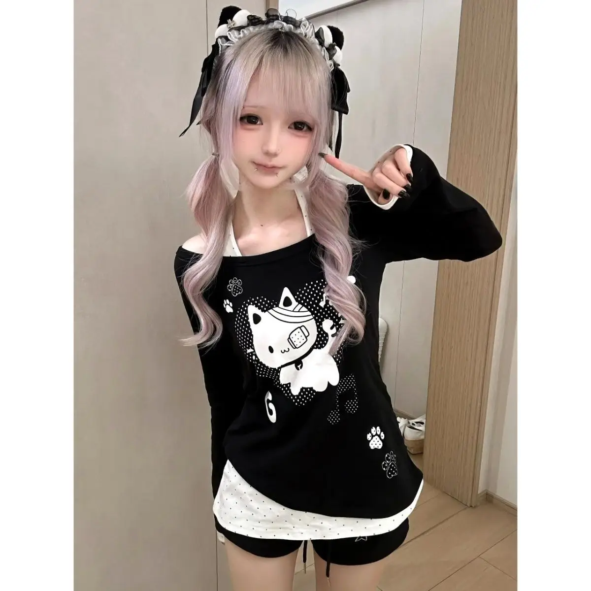 Japanese anime style soft & cute otaku-inspired kitten print halter neck faux two-piece long sleeve top