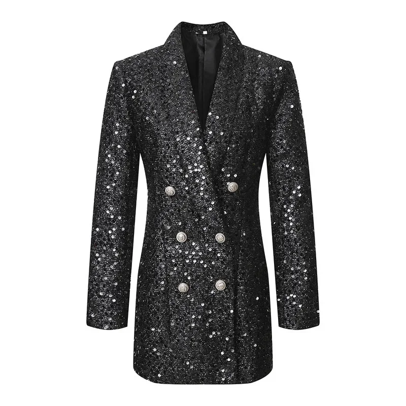 Luxe Pailletten Damespakken 1 Stuk Blazer Mode Lange Jas Formele Kantoordame Zakelijke Werkkleding Hete Meisjesjas Glanzende Outfit