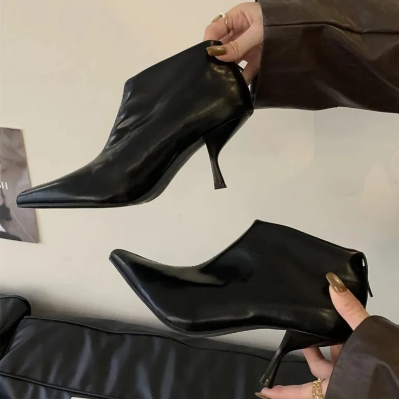 

Elegant Black Ankle Boots Women Sexy Pointed Toe Thin Heel Soft Modern Short Boots Ladies Luxury Party High Heel Design Pumps
