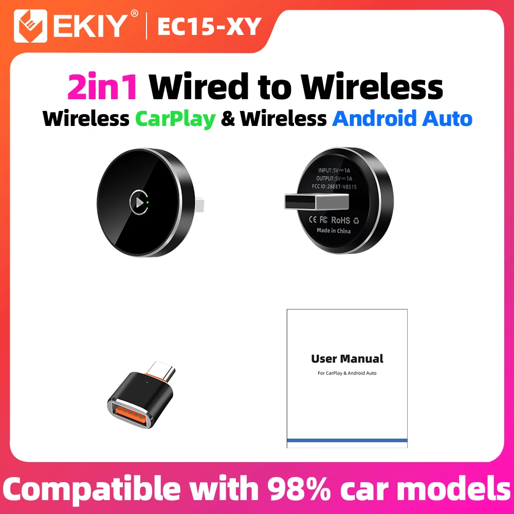 EKIY 2in1 Wireless CarPlay Dongle Wireless Android Auto Adapter Car Intelligent Systems AI Smart Box For Car With Wired CarPlay