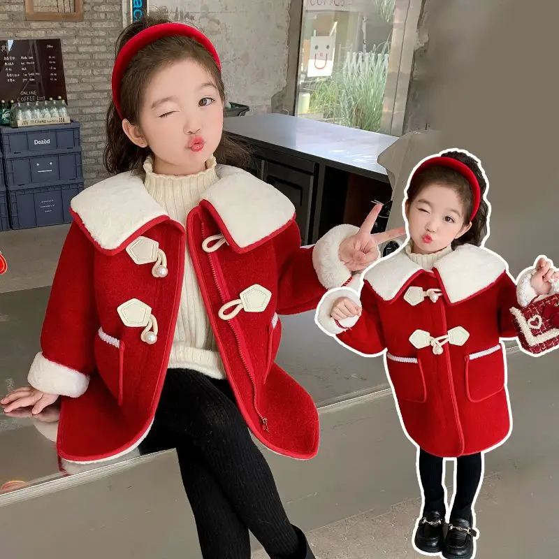 Girls' Fleece Lined Wool Coat 2025 New Winter Wear for Kids Red Festival Outfit Warm Children's Coat for New Year