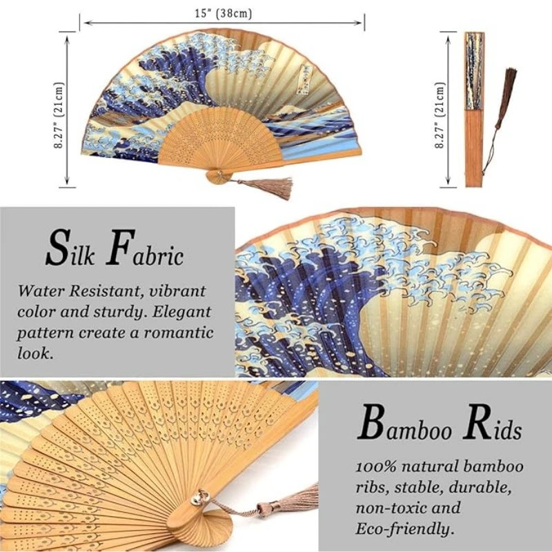 Japanischer Ukiyo-e Faltfächer „Die große Welle“ aus Bambus, Vintage-Handfächer, dekorativer Fächer für Partys, Foto-Requisiten, Sommerkühlung – Detail 1