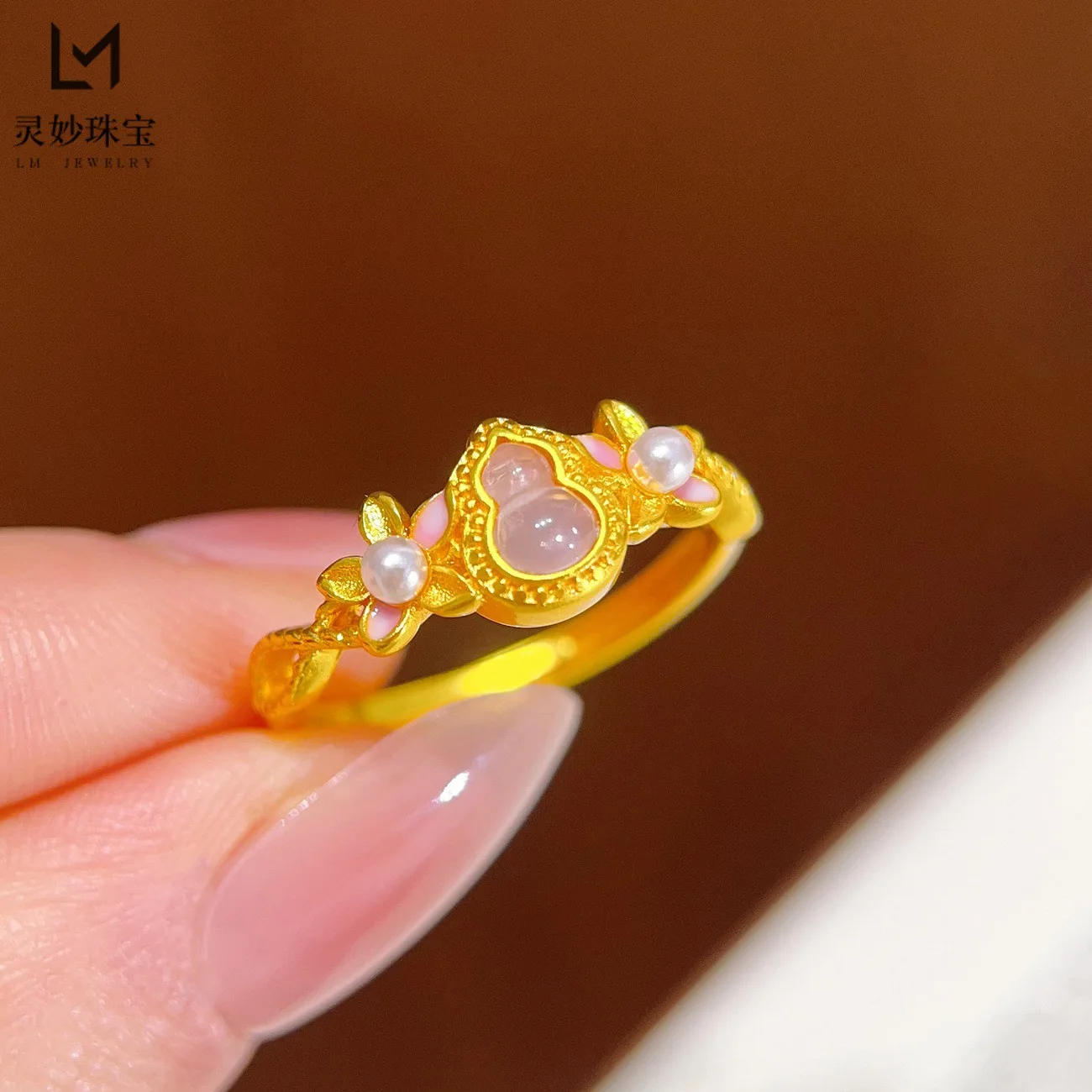 

Роскошное изысканное кольцо в форме тыквы персиково-розового цвета для женщин, 24-каратное золото AU999, универсальный стиль