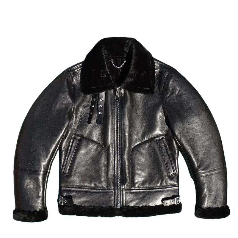 Black Winter Shearling Jacket Men Retro Style Plus Size 5XL Genuine Natural Thick Sheepskin B6 Bomber Military Flight Coat