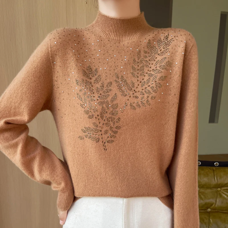 

Fall/Winter New Semi-high Neck Hot Drill Sweater Women's Loose Long Sleeve Slim Knitted Base Sweater