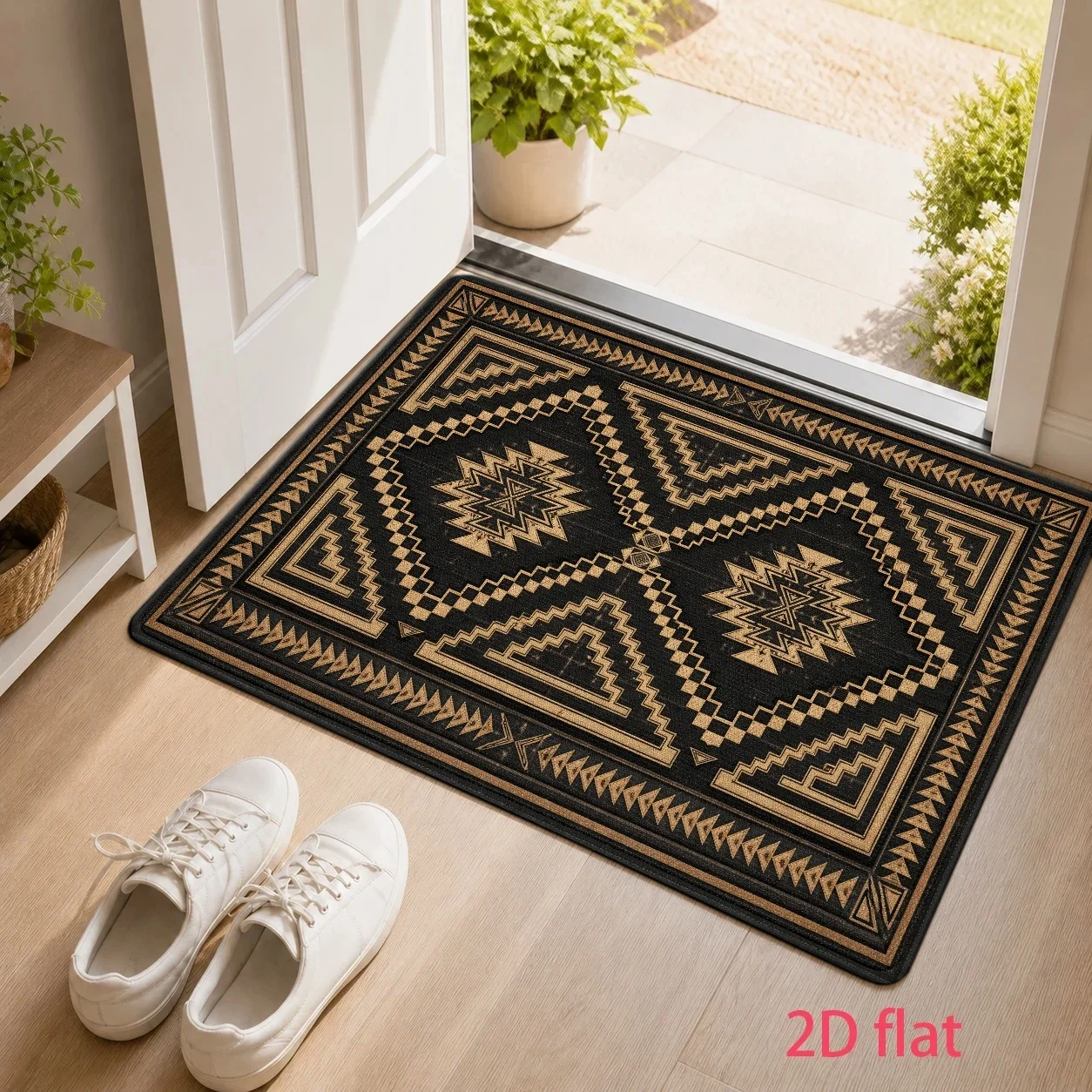 Tribal Southwestern Rectangle Door Mat Aztec Diamond Non-Slip Welcome Rug Vintage Black Gold Carpet for Home Entrance Decor