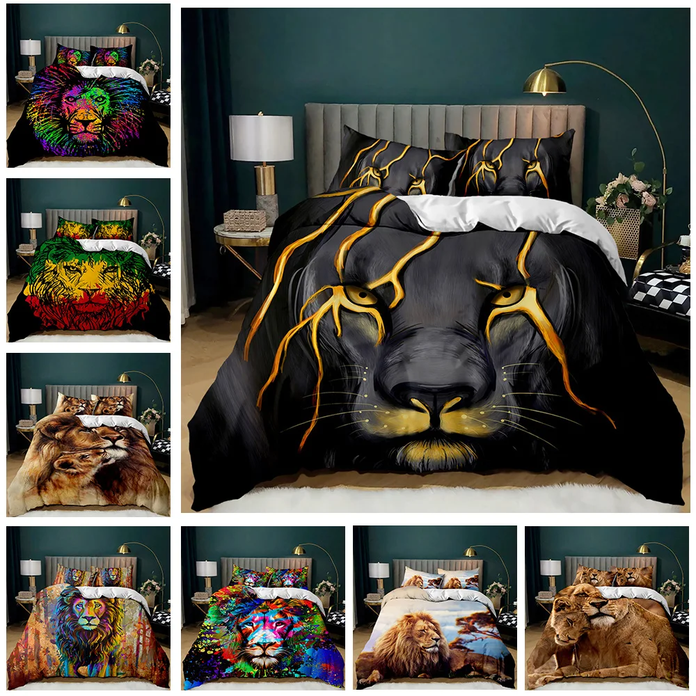 Lion Bedding Animal Duvet Cover Set Queen King Size Lightning Lion Pattern Comforter Cover 1 Lionhead Duvet Cover 2 Pillowcases