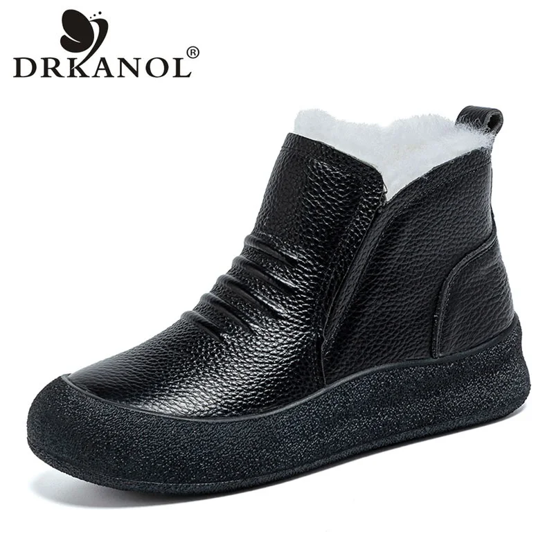 

DRKANOL Women Winter Warm Snow Boots 100% Genuine Leather Natural Wool Shearling Fur Flat Platform Slip On Casual Ankle Boots