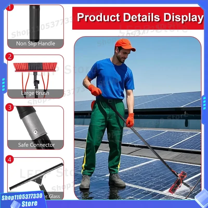 12ft Telescopic Aluminum Pole with Solar Panel Window Cleaning Brush Hydraulic Extension Rod Eco Friendly Multi Function
