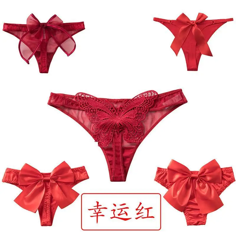 

Комплект из 3 шт. красного нижнего белья на Новый год: трусики-стринги с низкой посадкой, женское сексуальное быстросохнущее белье для свадебных торжеств, интимная одежда в стиле каваи