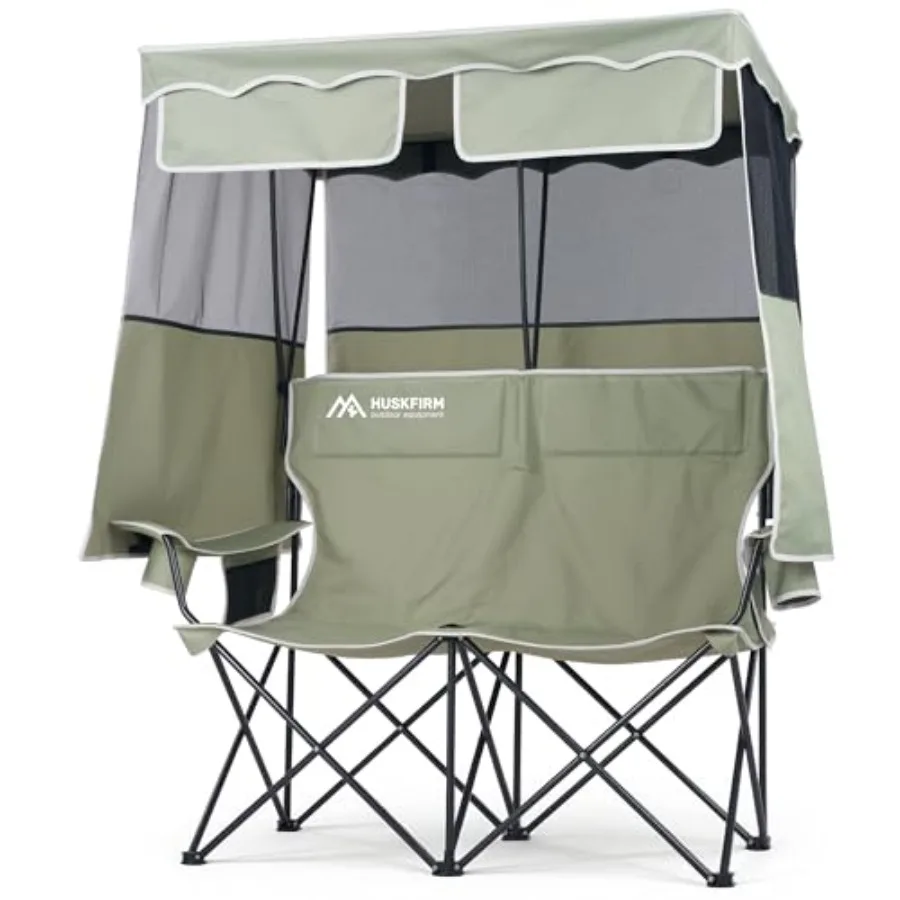 

Double camping chair with shade canopy for outdoor use, heavy-duty steel frame, gray color, includes two cup holders and side p