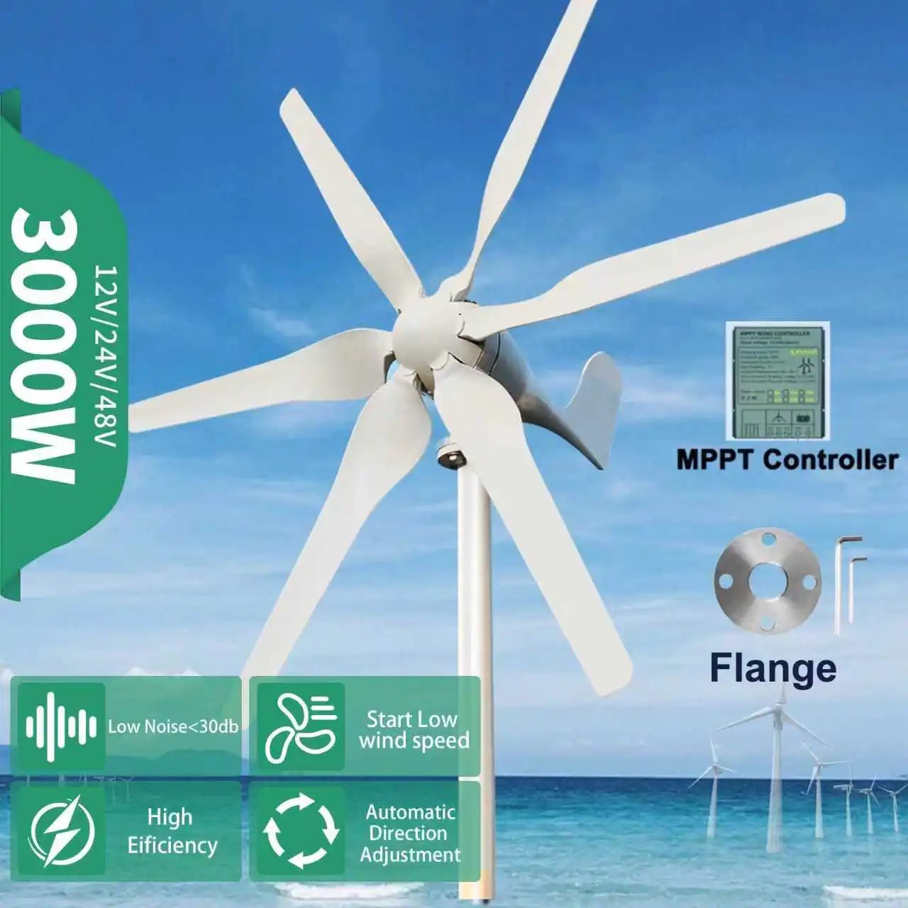 Turbina Eolica da 3000W con Regolatore MPPT Gratuito, Sistema Off-Grid ad Alta Efficienza 12V 24V 48V per Alimentazione Domestica