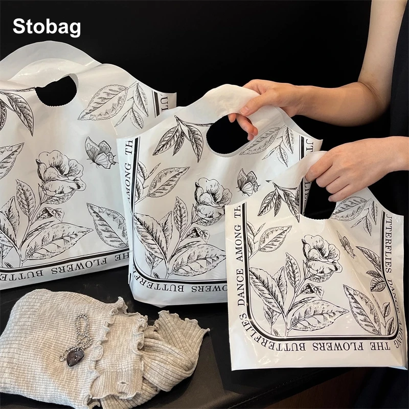 

StoBag 50pcs New White Shopping Tote Bag Plastic Clothes Gift Packaging Storage Pouch Handbag Portable Custom Logo(Extra Fee)