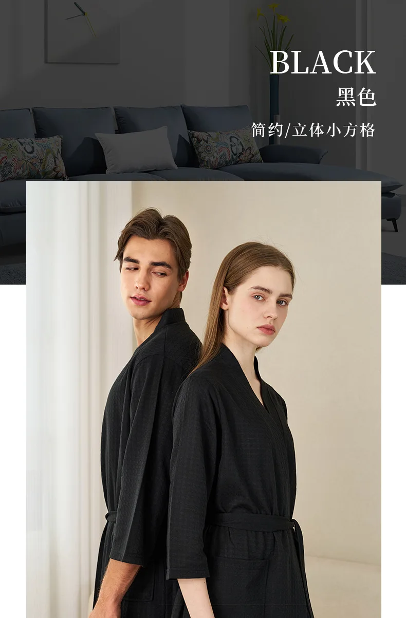 Herren Waffelstrick-Bademantel, Leichter Weicher Spa-Bademantel mit Taschen & Gürtel, Atmungsaktiver Saugfähiger Waffel-Kimono, Schlafbekleidung für Zuhause – Detail 7