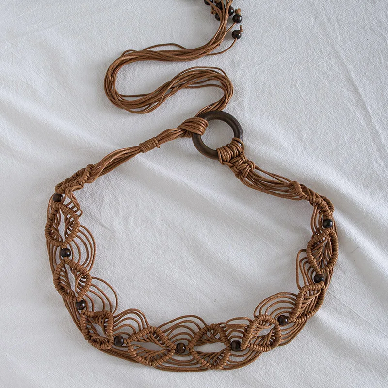 Bohemian Style Wax Rope Woven Knotted Ethnic Style Handmade Wooden Bead Women's Belt Leisure Vacation Style Exquisite Waist Rope