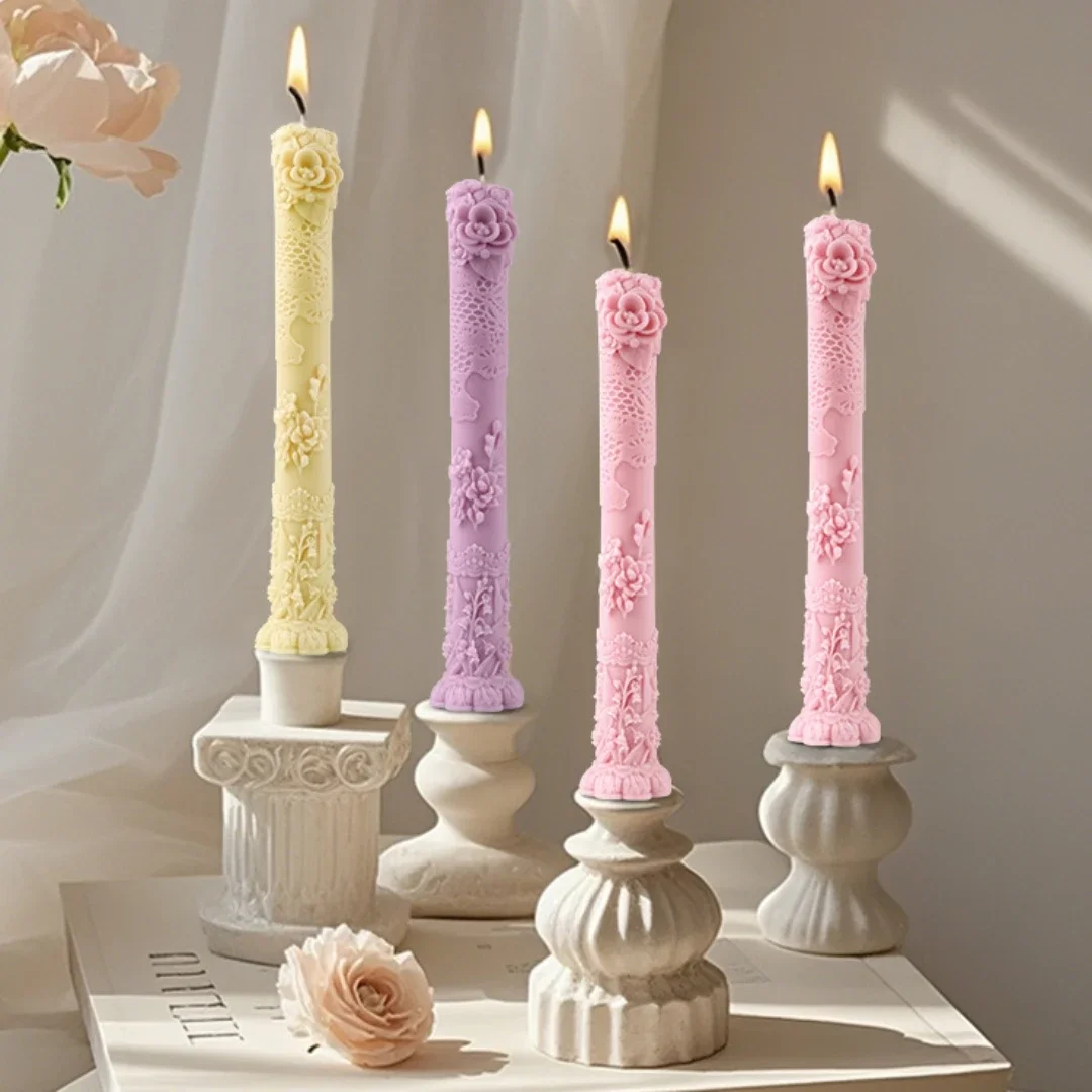 Long lace flower relief cylindrical candle silicone mold pole carved chime candle mould Roman column cylindrical gypsum molds