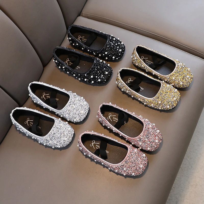 Girl\'s Princess Shoes Glitter Luxury Party Shallow Children Ballet Flats 21-36 Elastic Band Four Colors Beautiful Kids Shoes